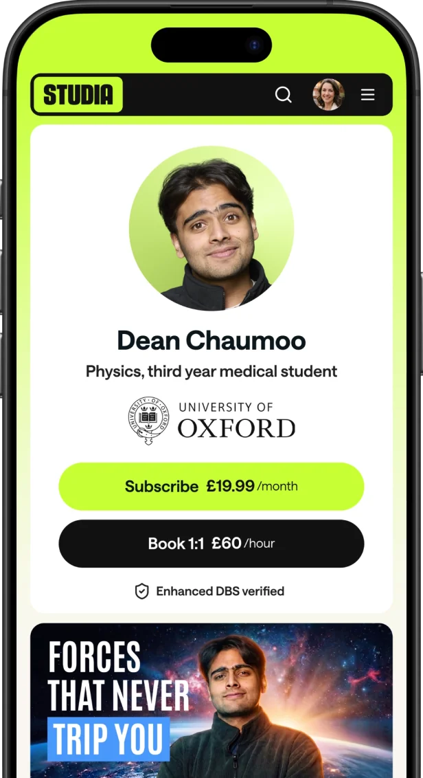 A Studia tutor profile shown on a phone, with a subscription option and a live lesson.
